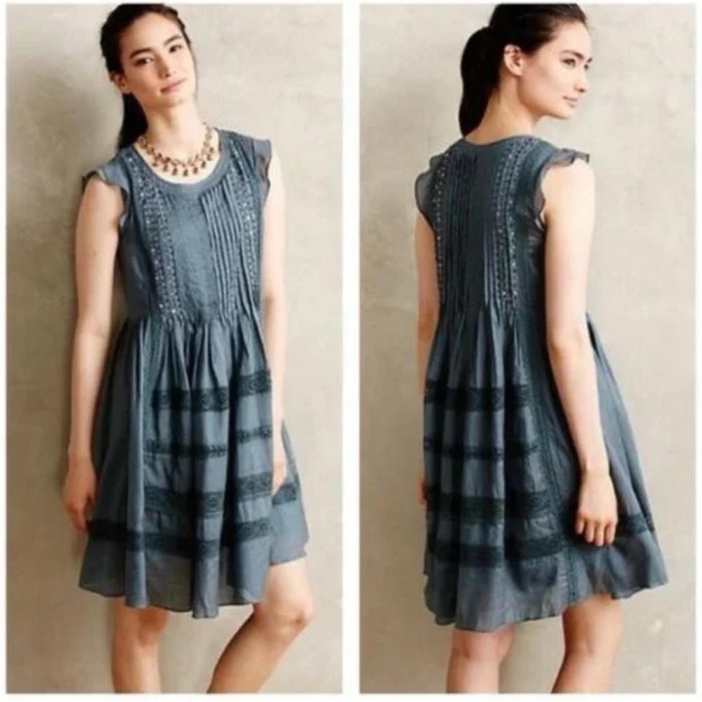 Vanessa Virginia Marit teal green/blue boho/tiered/crochet/beaded dress. Sz M